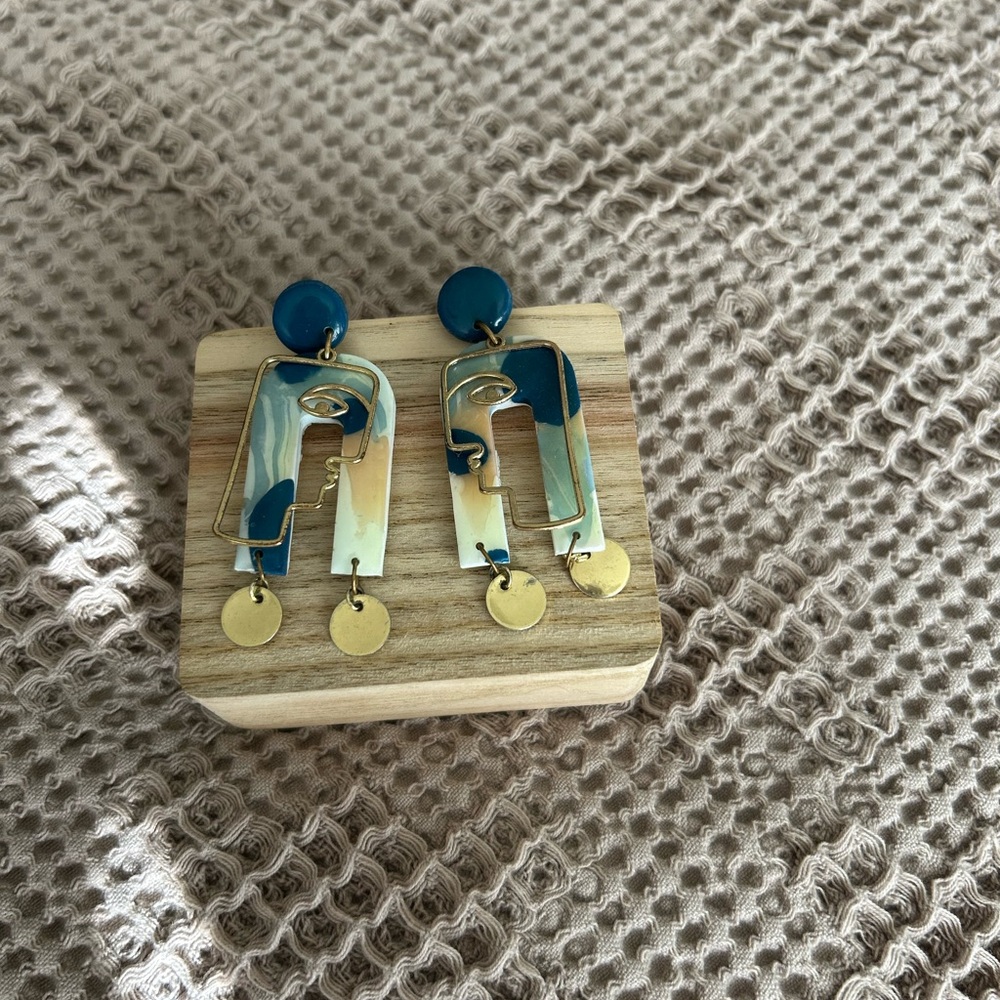 Abstract Gold and Blue Earrings